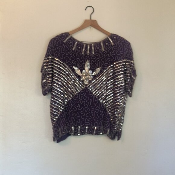 Candlelight By Jainsons International 100% Silk Purple Sequin Embellished Top Lg - Picture 1 of 16